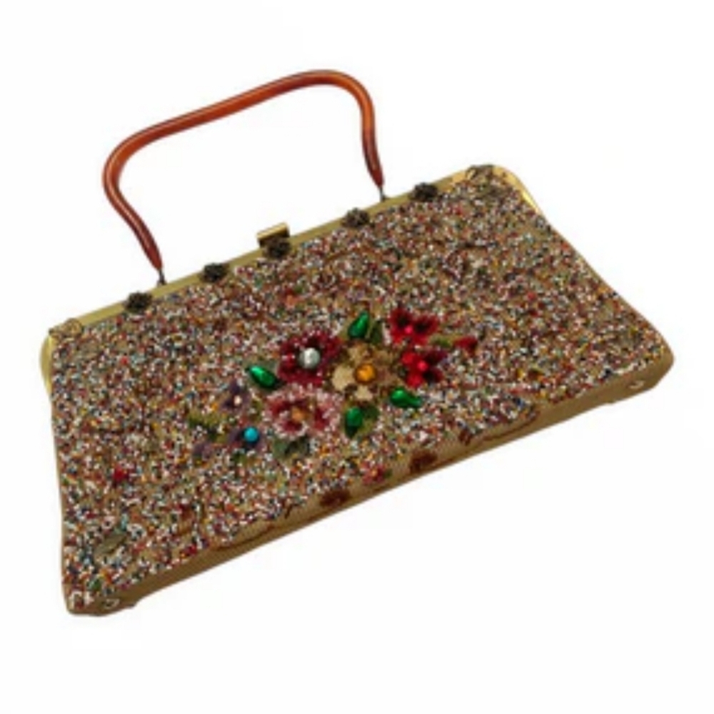 SOURE’ 1950s Beaded Handbag – Jeweled Rose Embellished Vintage Top Handle Purse - Picture 2 of 15